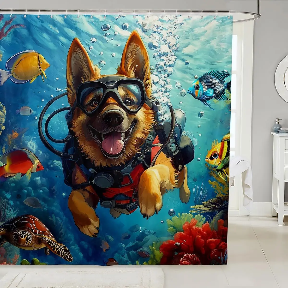 Funny German Shepherd Diving Shower Curtain, Underwater Dog Scuba Gear Bath Decor, Colorful Sea Life Art, Waterproof Polyester