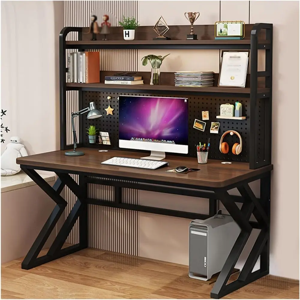 

31.4in Executive Desk with Bookshelf, Pegboard, and Storage Shelves - Spacious Legroom, Brown Home Office Desk
