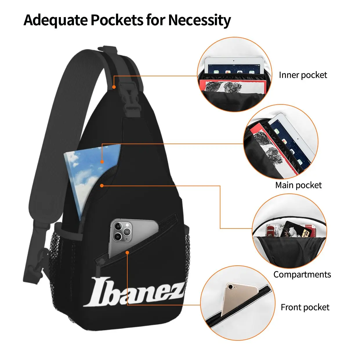 Ibanez-Crossbody Peito Sling Bolsas, Mochila De Ombro, Caminhadas, Mochilas De Viagem, Músico Fãs, Saco De Moda Hip Hop