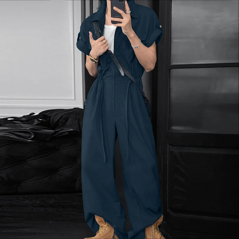 

INCERUN Men Jumpsuits Solid Color Lapel Short Sleeve Zipper Male Rompers Streetwear Lace Up Loose Fashion Casual Overalls Men