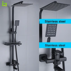 Black Square Shower Faucet Set Rainfall High Quality All Metal Stainless Steel Bathtub Mixer Tap With Bathroom Shelf