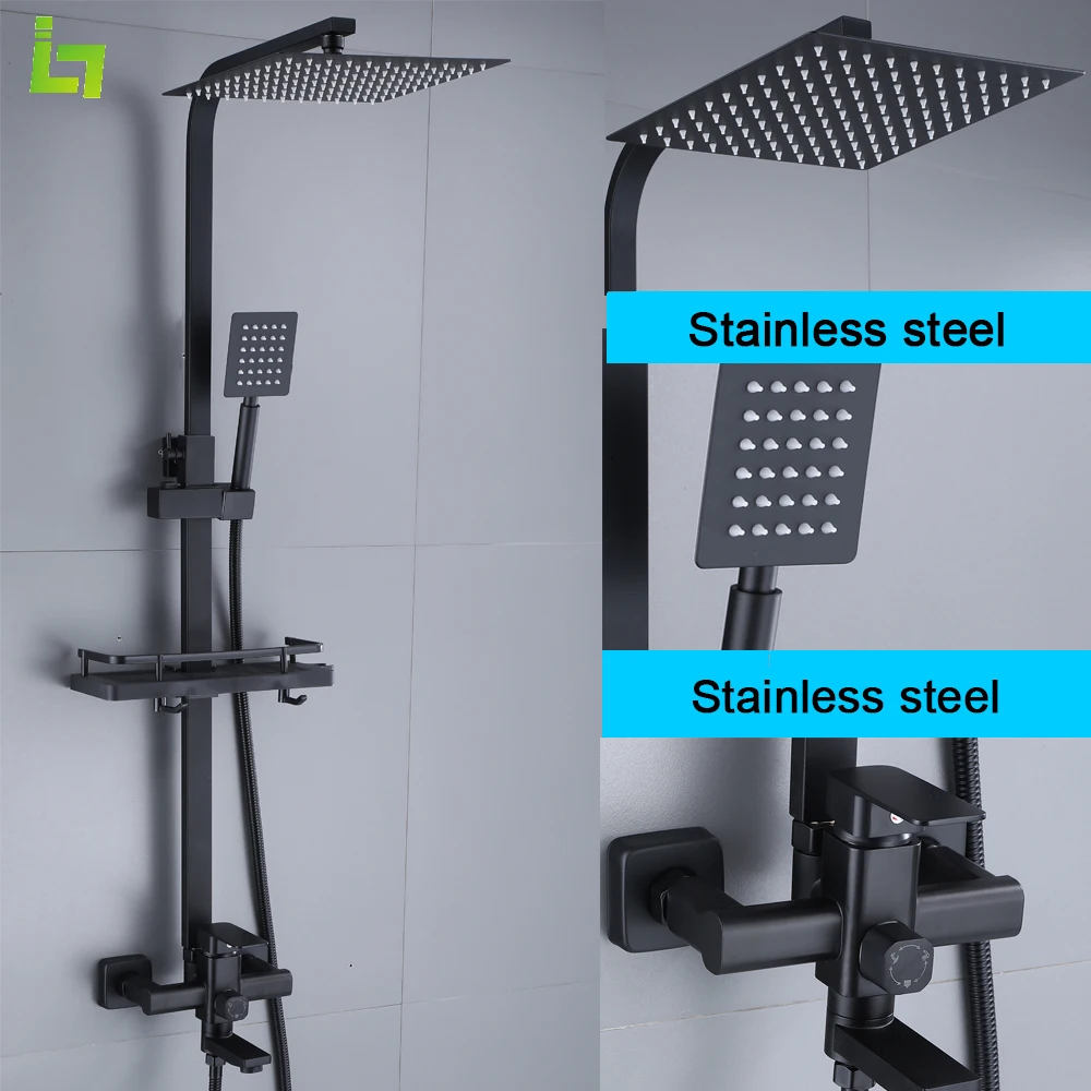 Black Square Shower Faucet Set  Rainfall High Quality All Metal Stainless Steel Bathtub Mixer Tap With Bathroom Shelf