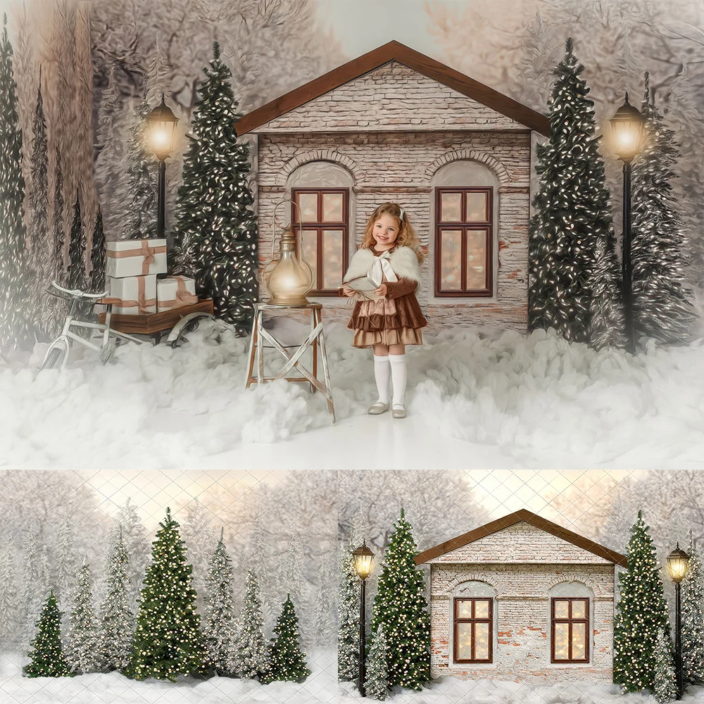 Cozy Snowy Christmas Cottage Backdrops Kids Child Photography Child Family Photocall Snowflake Forest Backgrounds