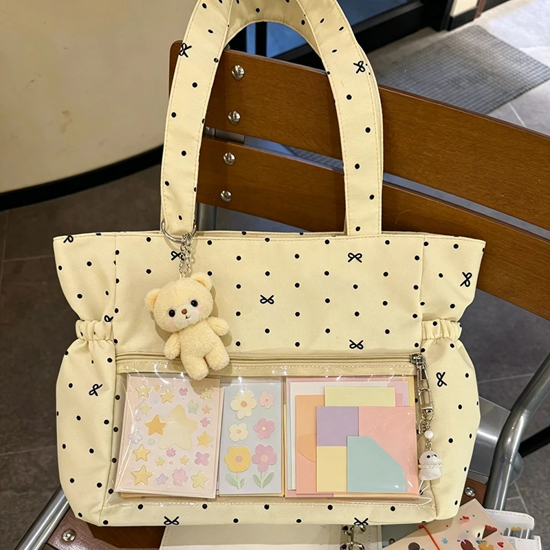 Cute Large Capacity Polka Dot Bow Printed Shoulder Bag Japanese Transparent Pocket Ita Bag Sweet Preppy Style Canvas Handbag