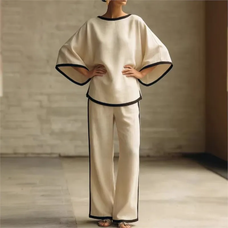 

New Summer Casual Set Woman Round Neck Batwing Sleeve Loose Top Wide Leg Pants 2 Piece Outfit Fashion Contrast Vacation Suit