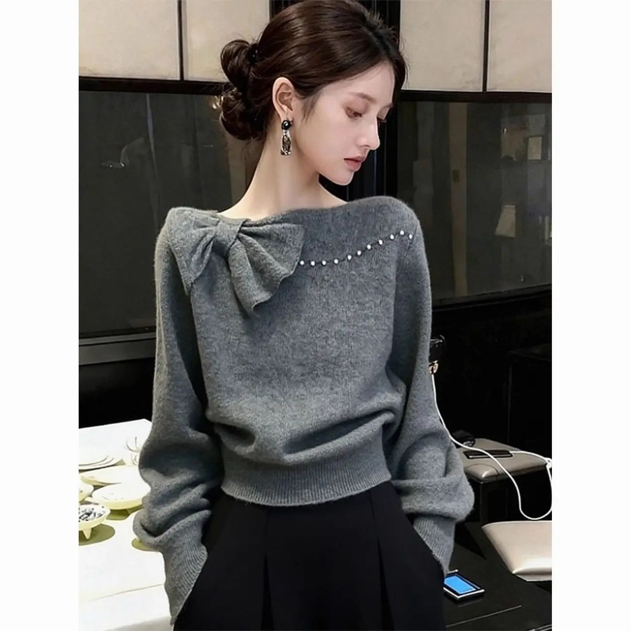 Gray Knit Pullover Sweater with Bow Neck and Pearl Embellishment Loose Fit Short Length Women Autumn Winter Office Elegant