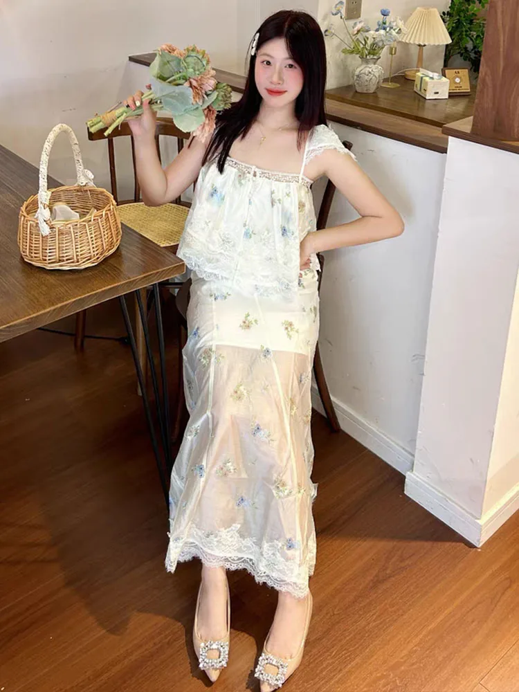 HH Donna Estate Moda Dolce Pizzo Ricamato Fiore Della Bretella Breve Top Senza Maniche + Vita Alta Temperamento Gonna Lunga Set Mujer