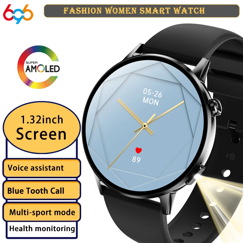 

Fashion Women AMOLED Screen Blue Tooth Call Smart Watch Heart Rate Health Sports Music Flashlight Voice Assistant Smartwatch