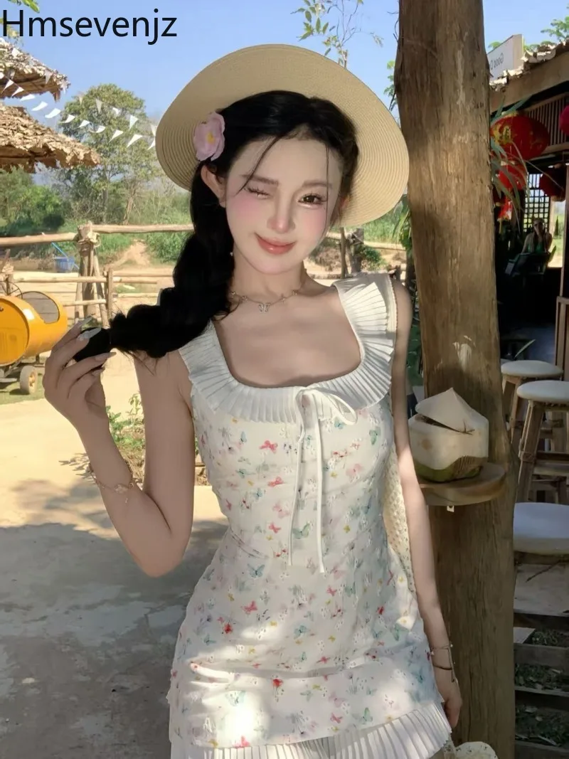 

Hmsevenjz Ruffled Flying Sleeve Dress Women's Spring/Summer Embroidery Floral Slim Lace-up Short Dress Fashion Female Clothes