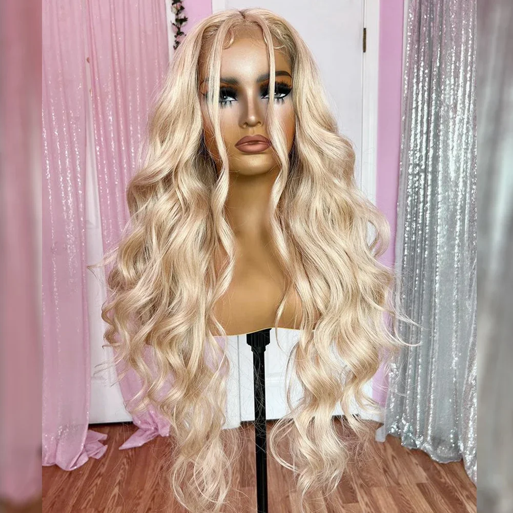 QW syntetyczna koronka peruki damskie długie faliste blond falowe włosy peruki typu Lace Front Cosplay bezklejowe odporne na ciepło