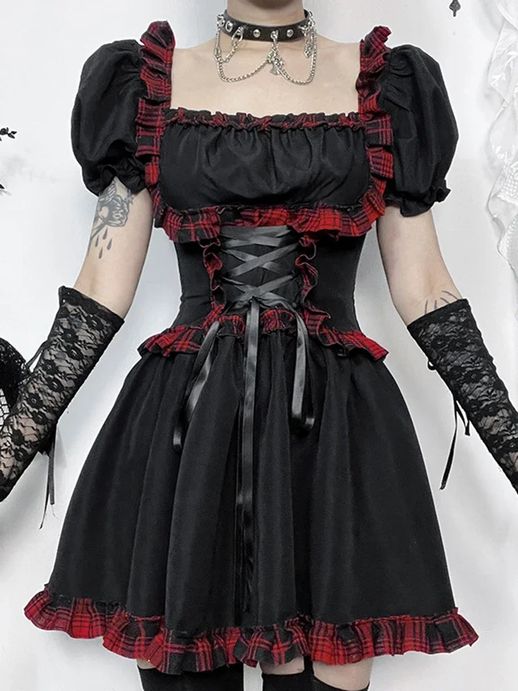 AltGoth Cute Sweet Gothic Lolita Dress Women Streetwear Harajuku Dark Punk Cosplay Red Plaid Hem High Waist Bandage Corset Dress