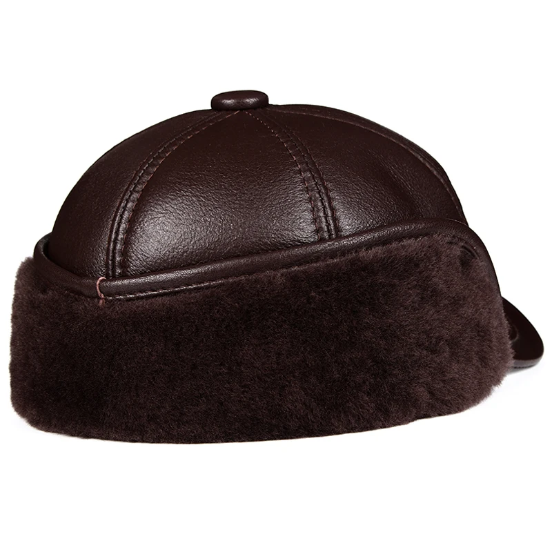 Winter Hat Men Genuine Leather Sheepskin Fur Bomber Hat Earflap Black Warm Thick Ski Snow Windproof Male Russian Hat