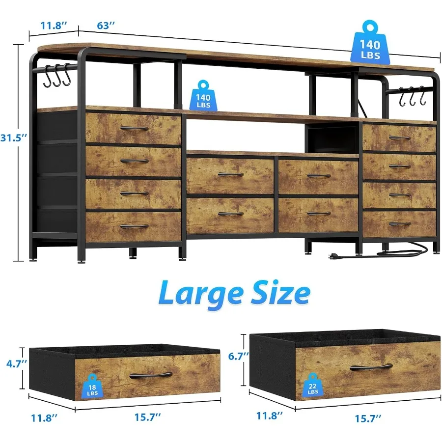 Suporte de tv para tv 65 70 polegadas, centro de entretenimento de 63 w com tomada de energia, luz led, cômoda longa com 12 gavetas de tecido para quarto