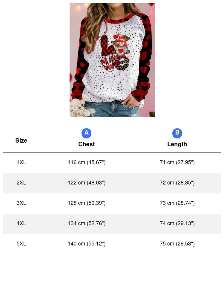 Plus-Size Damen-Oberteil mit Valentinstags-Grafikdruck, Raglanärmeln, Rundhalsausschnitt, elastisch, lässig, für den Alltag. – Detail 3