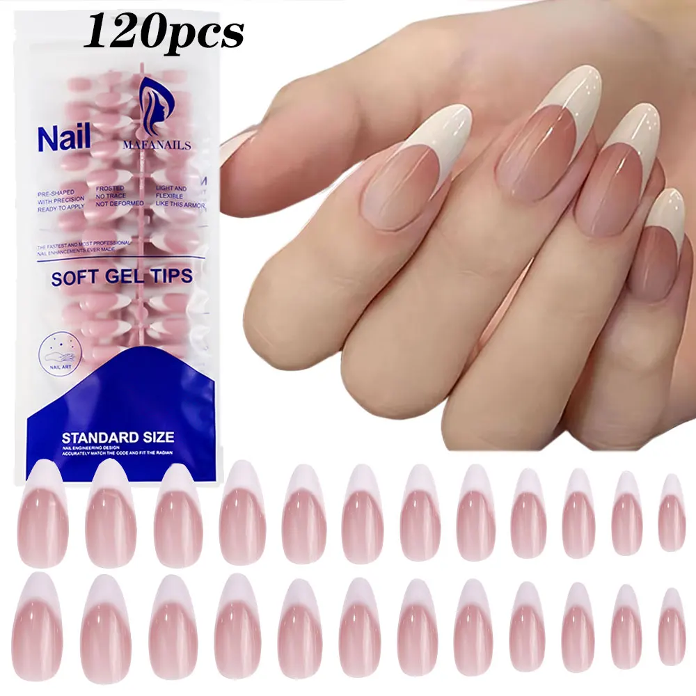 120 stks Roze Medium Amandel Franse Kunstnagels Gradiënt Ontwerp Witte Franse Druk Op Nagels Volledige Dekking Acryl Gel Nep Nagels Tips #