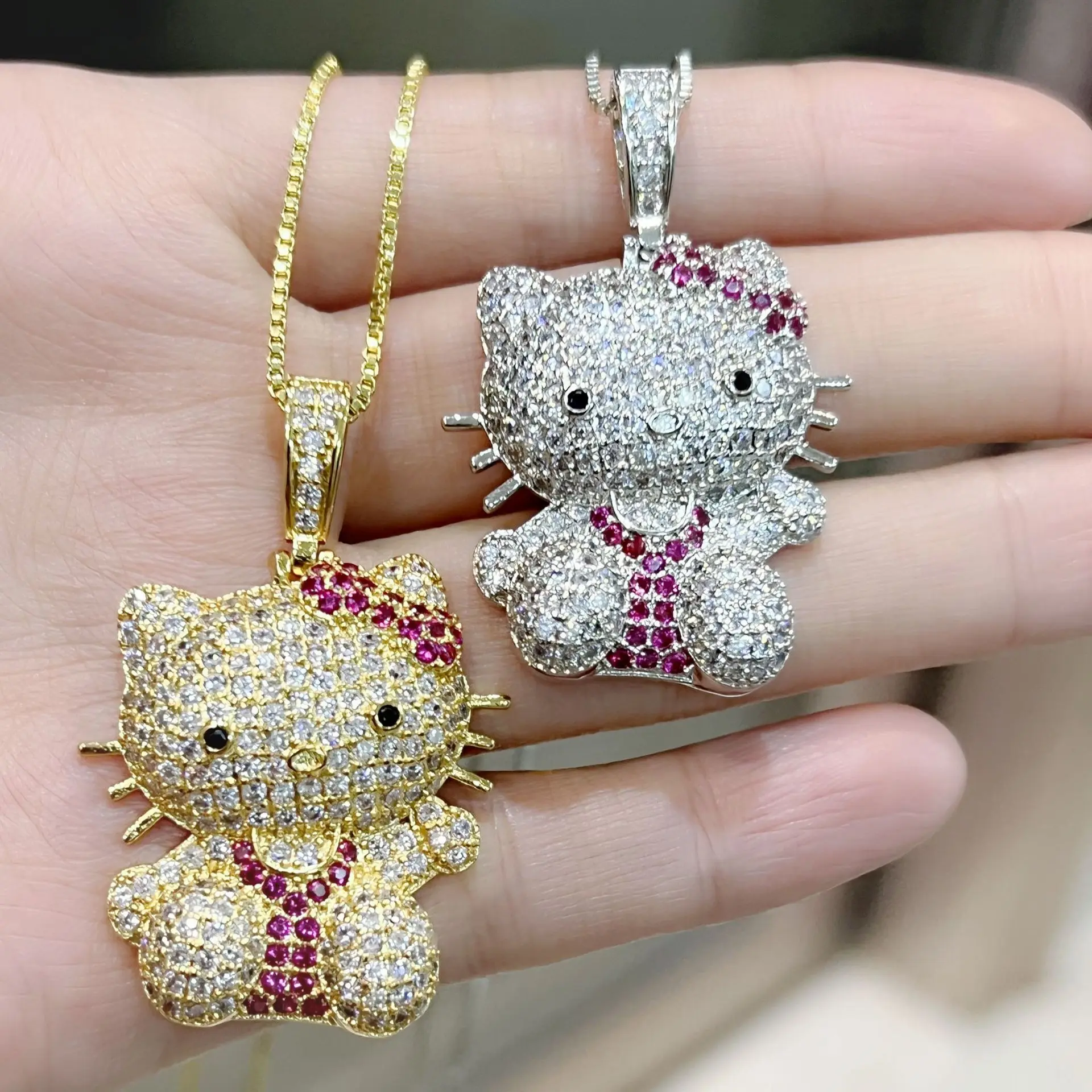 Hip Hop Pendant Necklace Hello Kitty Cartoon Full Diamond European and American Cute Cat Pendant Cuban Chain Jewelry Halloween