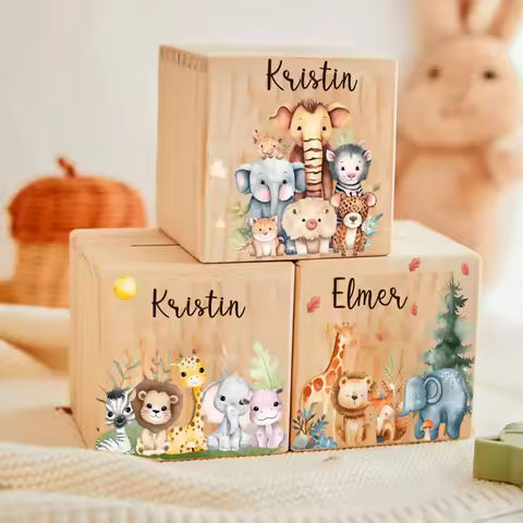 Personalized Money Box Safari Animals with Name Wooden Money Boxes Children Coin Bank Coin Collection Box Birthday Gift for Kids