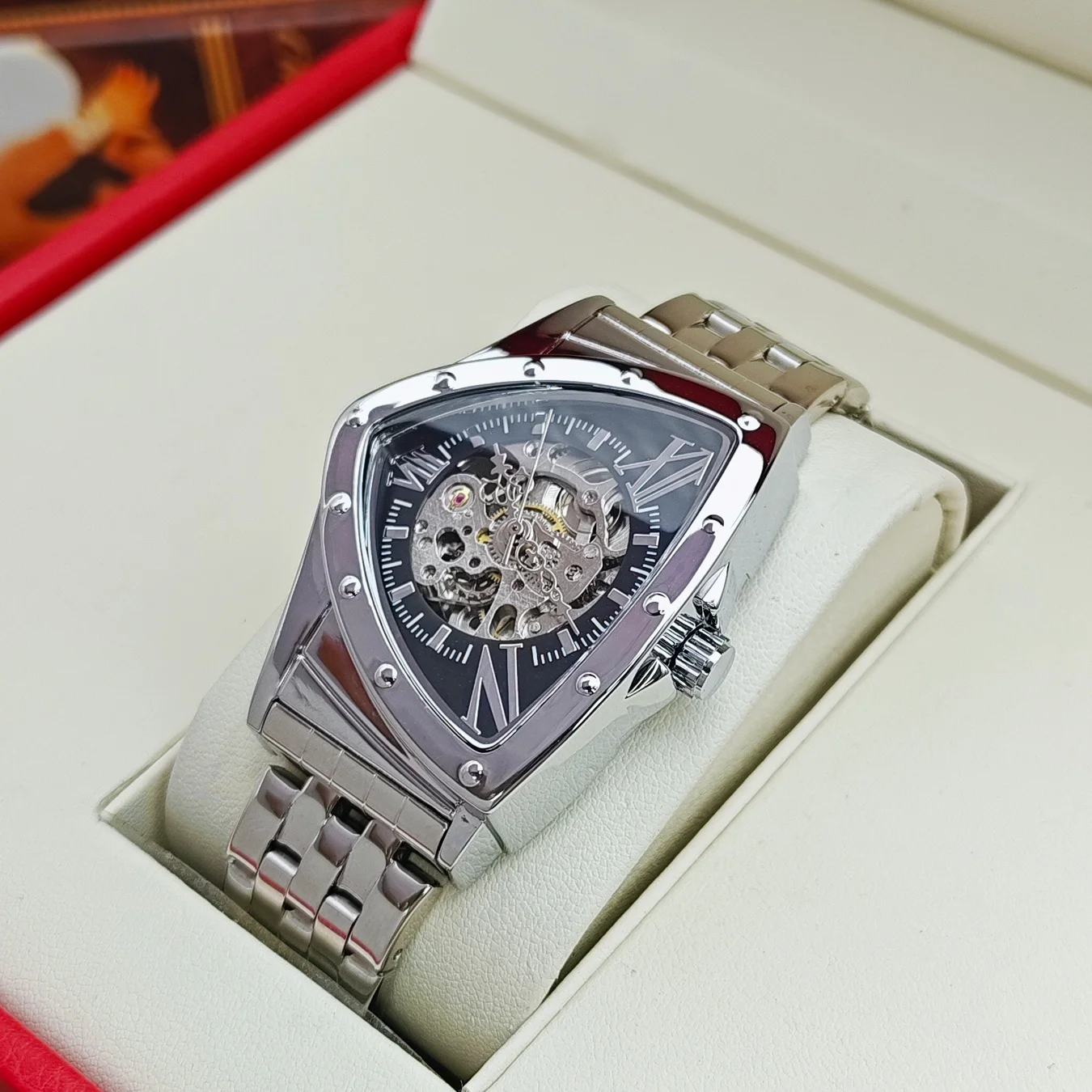 High-End Men's Triangular Hollow-Out See-Through Automatic Mechanical Watch, Luxurious and Unique Punk Hardcore Men's Style, Waterproof Stainless Steel Strap, Suitable for Business, Casual, Streetwear, and Everyday Wear, Men's Light Luxury Style Wristwatch, Popular Gift for Men, Mechanical Men's Watch