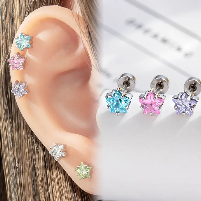 20G Floral Star CZ Ear Stud Hypoallergenic Titanium Cubic Zircon Stackable Earrings Piercing Jewelry for Women Girls Trendy