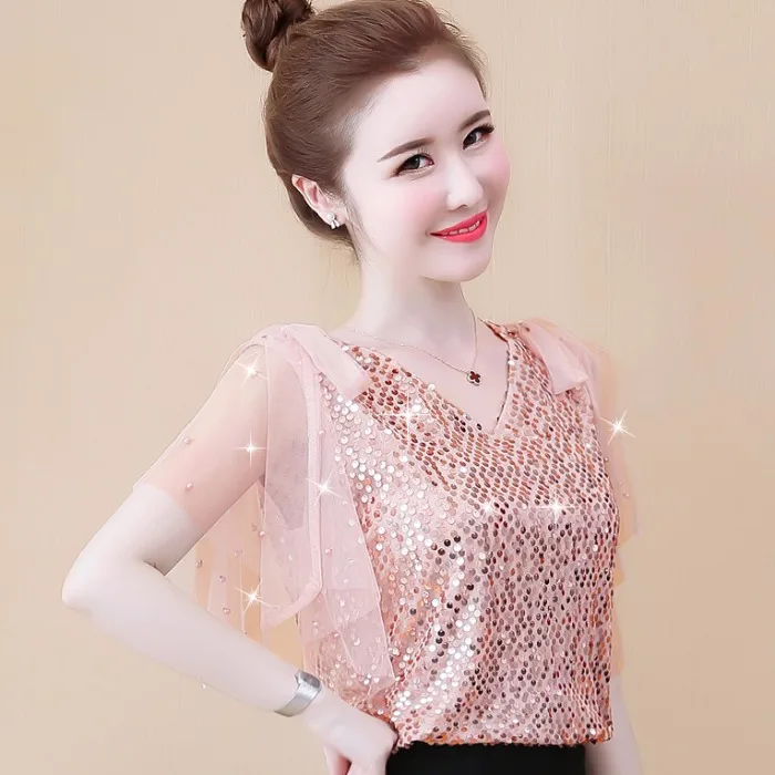 

Faionable Lace Patchwork ort Sve Chiffon Top Women's Summer Clothing 2025 New Bright Sequins Cute oulder Bared Top