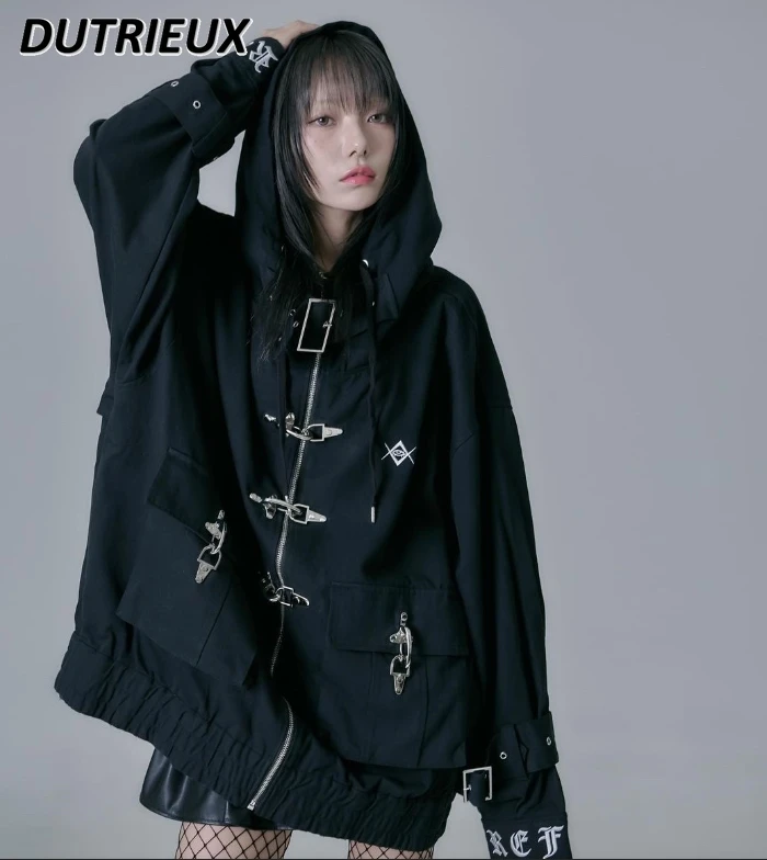 Japanese Style Mine Harajuku Wind Black Sweet Loose Hooded Coat Punk Dark Gothic Long Sleeve Zipper Jacket for Women