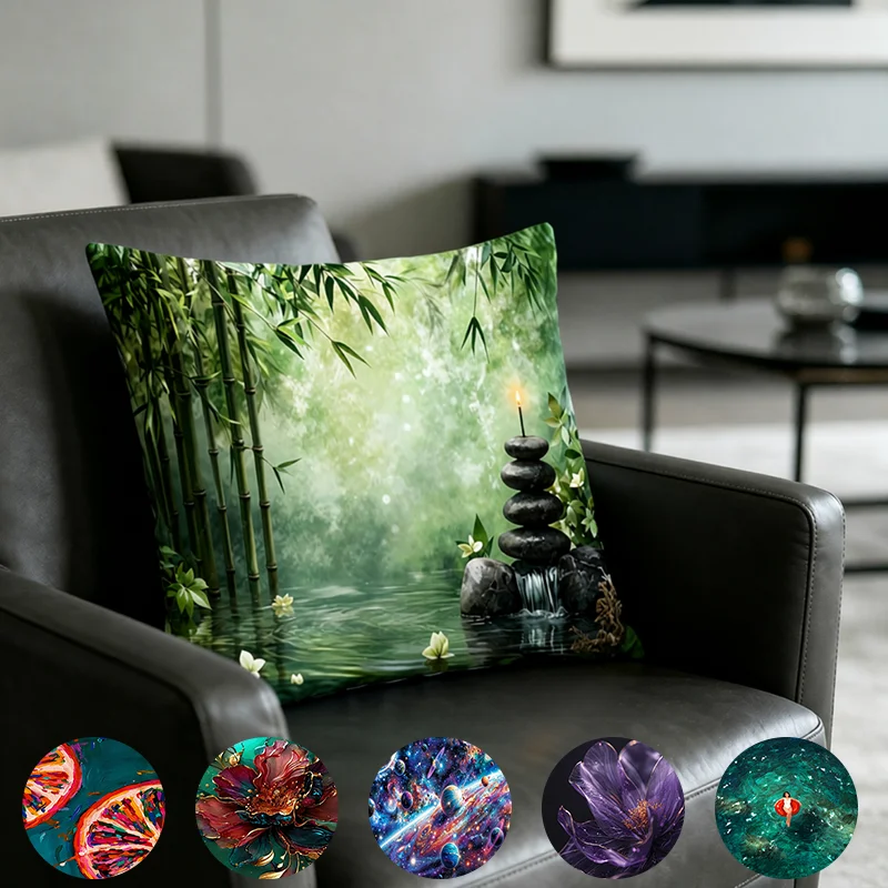 1PC natural art pillow cover bamboo forest colorful single-sided printing soft cushion cover suitable for living room decoration