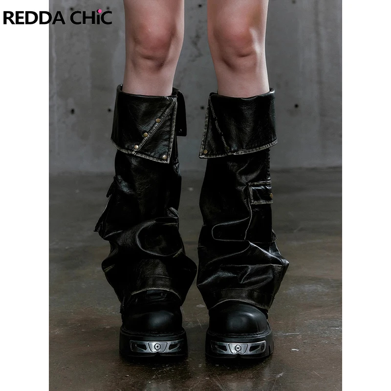 ReddaChic Harajuku Camouflage Stitch Leather Women Leg Warmers Do Old Folded Rivets Pockets Cargo Boots Cover Alt Retro Techwear