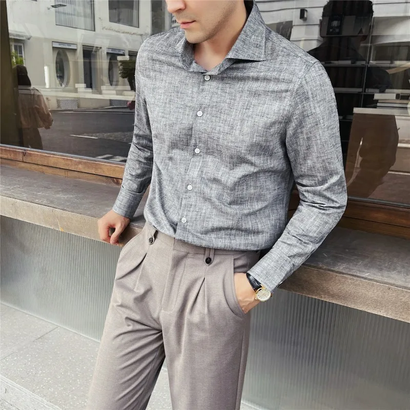 Linen Bamboo Cotton One Piece Collar Long Sleeved Shirt Men's Casual Business Commuting Shirts Versatile Social Formal Shirt
