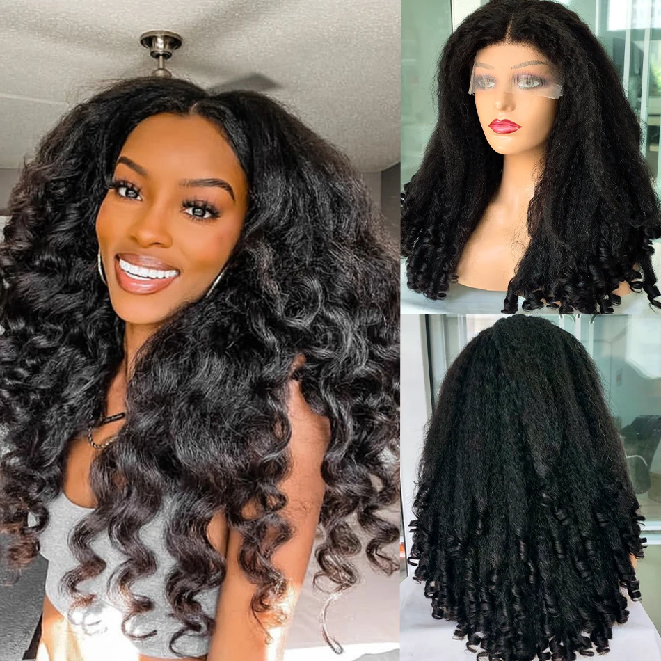 

100% Human Hair Double Drawn Bouncy Kinky Wave 13X4 HD Lace Frontal Wig 250 Density Natural Afro Funmi Yaki Loose Wave Lace Wigs