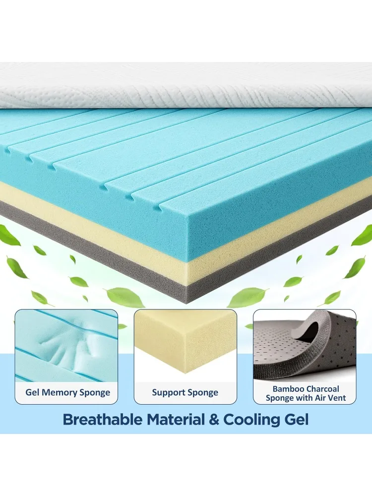Topper de colchão de espuma viscoelástica, colchão king de 3 polegadas com gel de resfriamento e capa de tencel lavável, rel macio e de pressão
