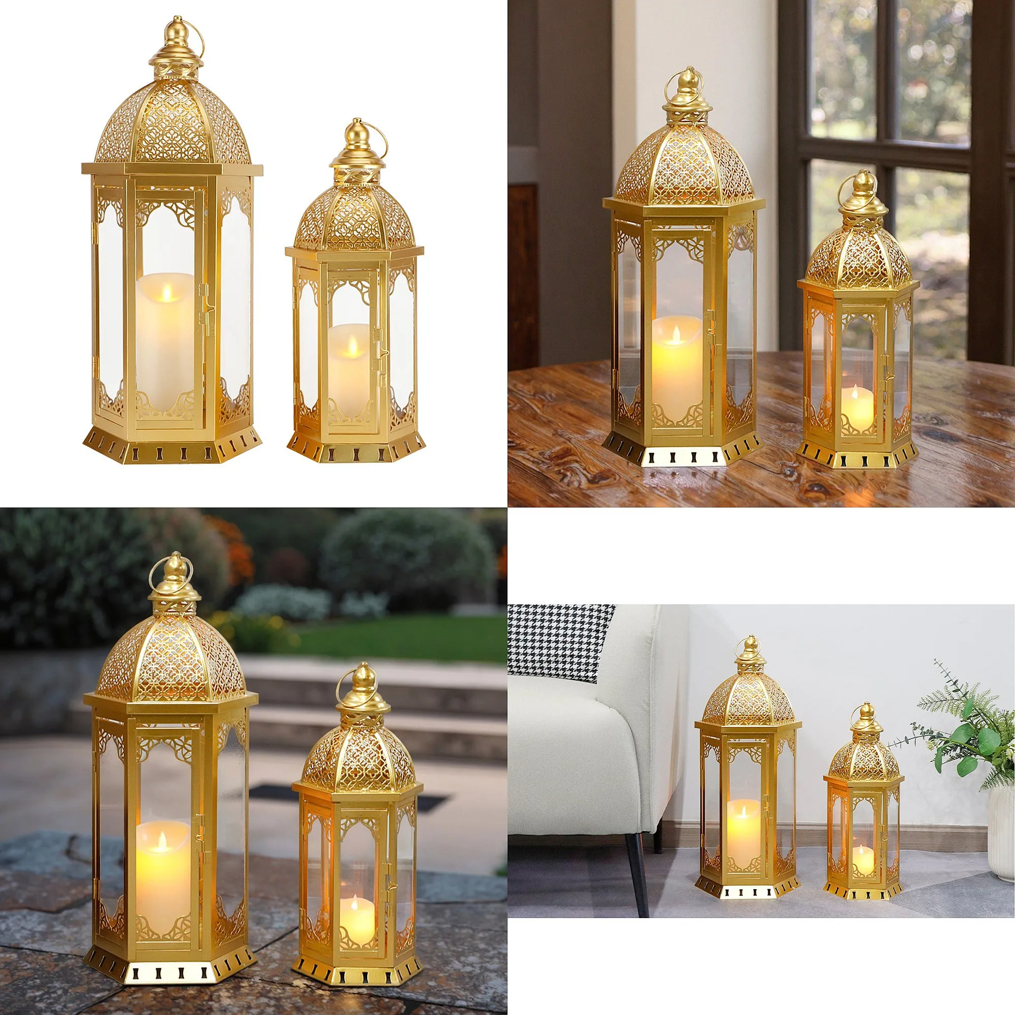 Set of 2 Decorative Candle Lanterns 22"&17" H Vintage Metal Candle Holderr(Gold)