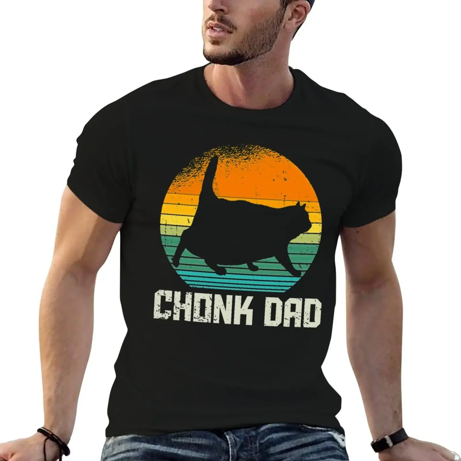 Retro Vintage Style Funny Fat Daddy Cat Meme Chonk Cat Dad T-Shirt customizeds customs Blouse outfits for men