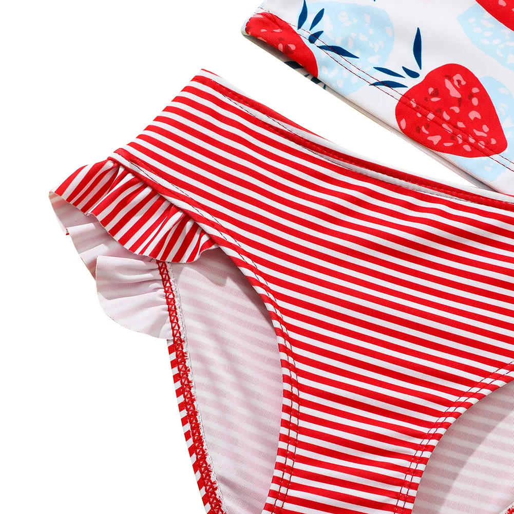 Toddler Girls Rashguard Summer Bearwear Strawberry Print Sun Protection Children Swimwear Ruffled Bikini Bottoms 2-6Y