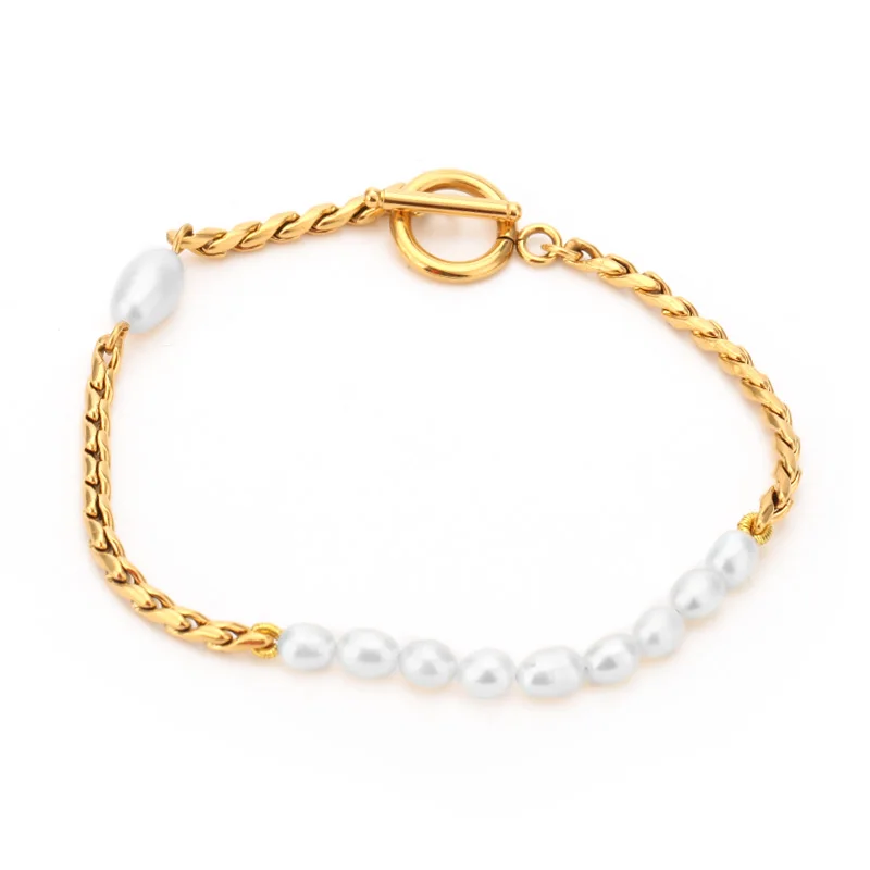 VAROLE Stainless Steel Twist Chain Natural Pearl Spliced Bracelet, New Women Personality Clasp Bangle, Daily Party Jewelry Gift