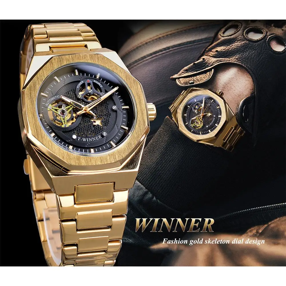 Winner Top Brand Irregular Dial Sport Metal Steampunk Men Automatic Mechanical Black Golden Stainless Steel Waterproof Watches