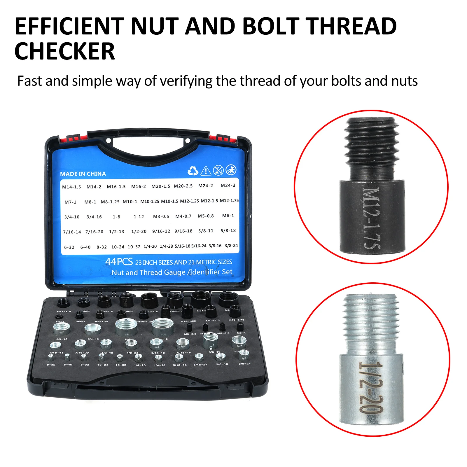 Nut and Bolt Thread Checker 44 Pcs Nut and Bolt Gauges,26Pcs Male/Female Gauge Individually Housed in Case (23 Inch & 21 Metric)