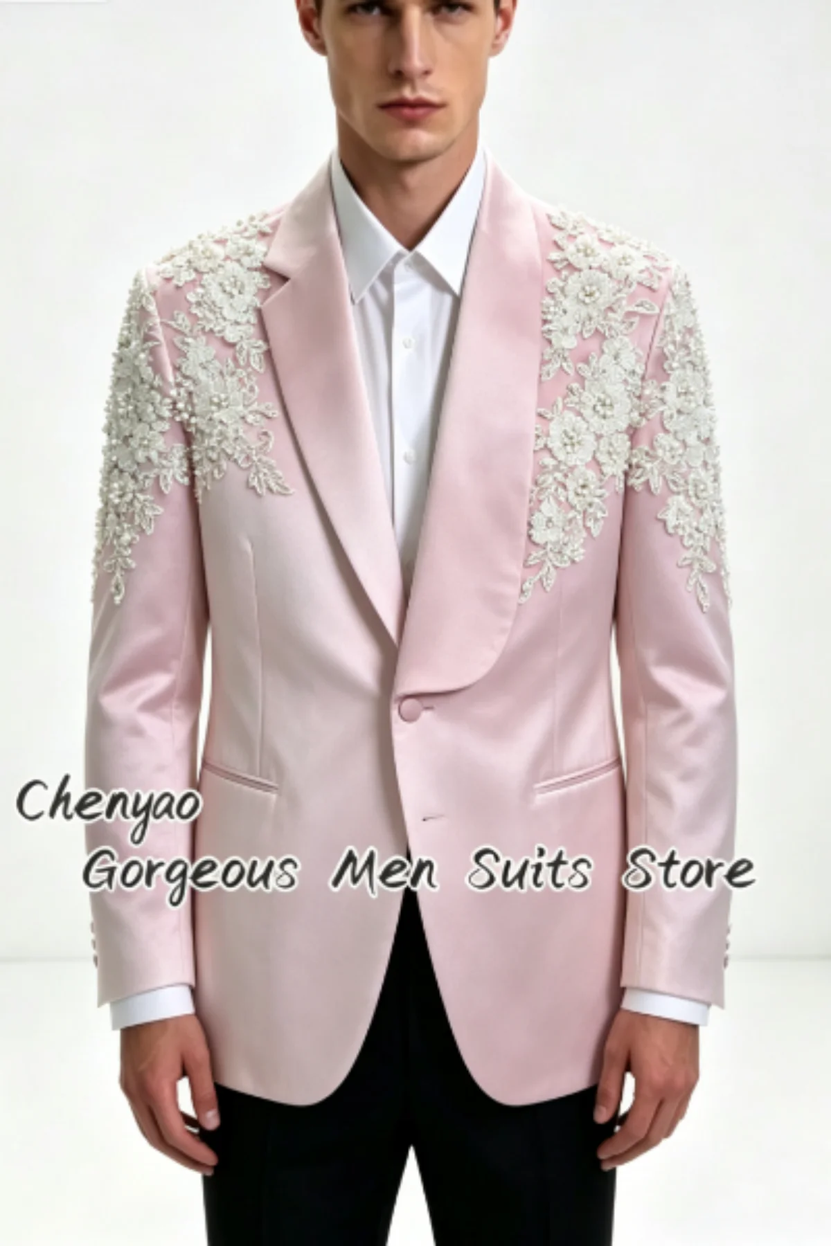 

Premium Handmade Floral Beaded Appliques Men Suits Customized Groom Wedding Tuxedos Slim Male Prom Blazers 2Piece Sets ropa homb