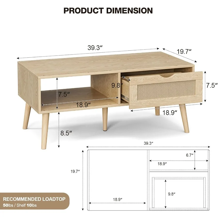 Coffee Table with Storage Boho Dining Table with Rattan Drawer and Solid Wood Legs Small Coffee Tables for Living Room Oak