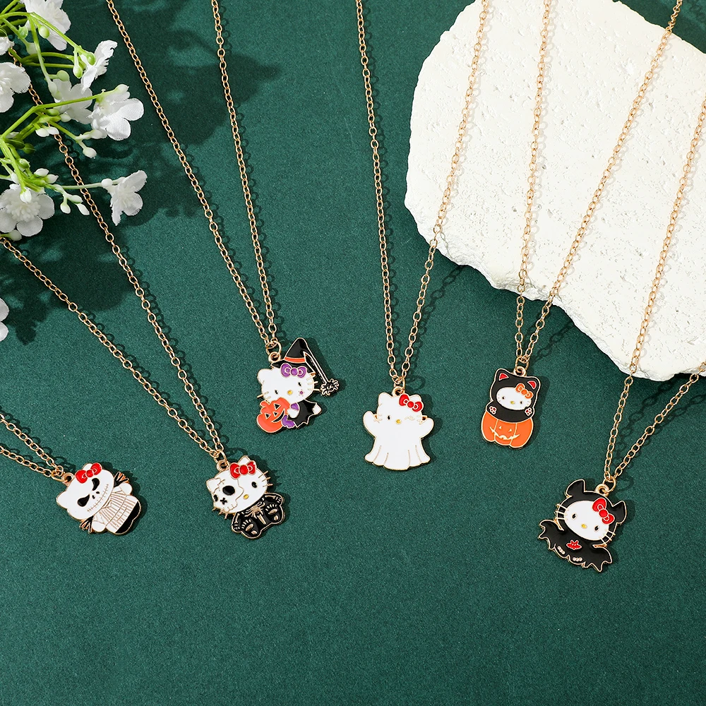 Sanrio Cartoon Fashion Hello Kitty Necklace Cute Kitty Cat Halloween NeckChain For Women Girls Party Charm Jewellery Gifts