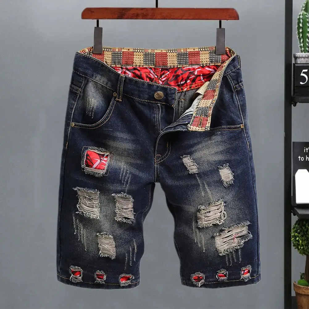 

Ripped Details Shorts Men Denim Shorts Men's Retro Denim Shorts with Ripped Holes Patch Design Straight Leg for Summer
