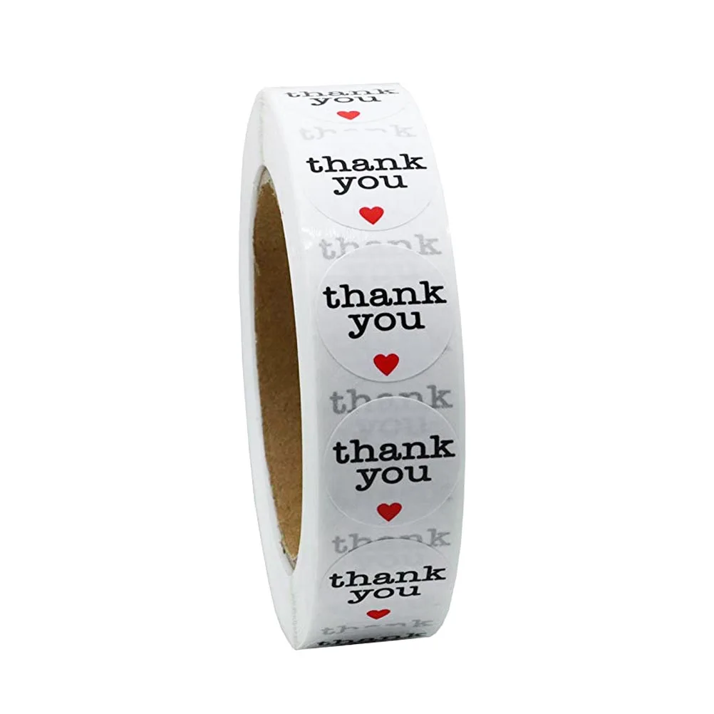 

500pcs Round Label Paper Sealing Roll Decals Handmade Red Heart Thank You English Word Candy Bag Baking Packaging Self-Adhesive