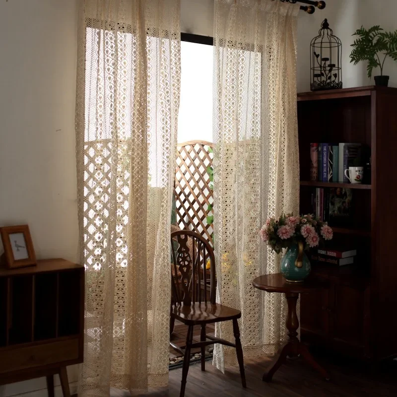 Boho Chic Beige Crochet Knitting Curtains for Bedroom Cotton Linen Hollowed Retro Farmhouse Patio Window Drapes