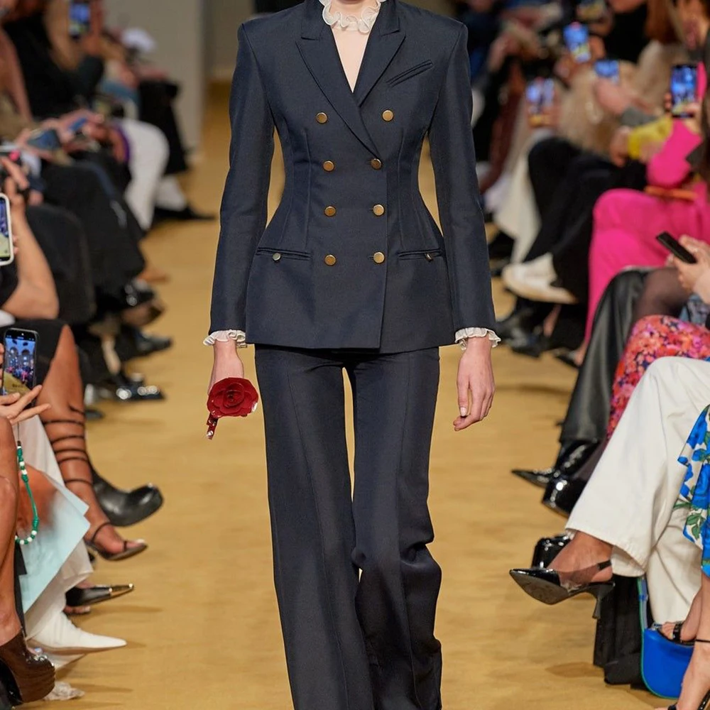 

Облегающий женский костюм, элегантный комплект из двух предметов (куртка + брюки), двубортный костюм с остроконечными лацканами, деловая офисная женская официальная одежда