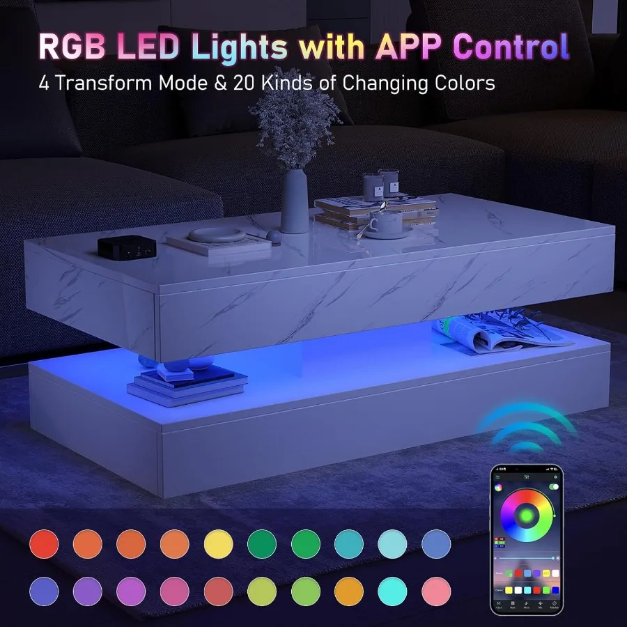 طاولة القهوة LED مع 2 أدراج تخزين طاولة القهوة البيضاء الحديثة شديدة اللمعان مع 20 لونًا أضواء LED 2 طبقات مستطيلة مركز Ta