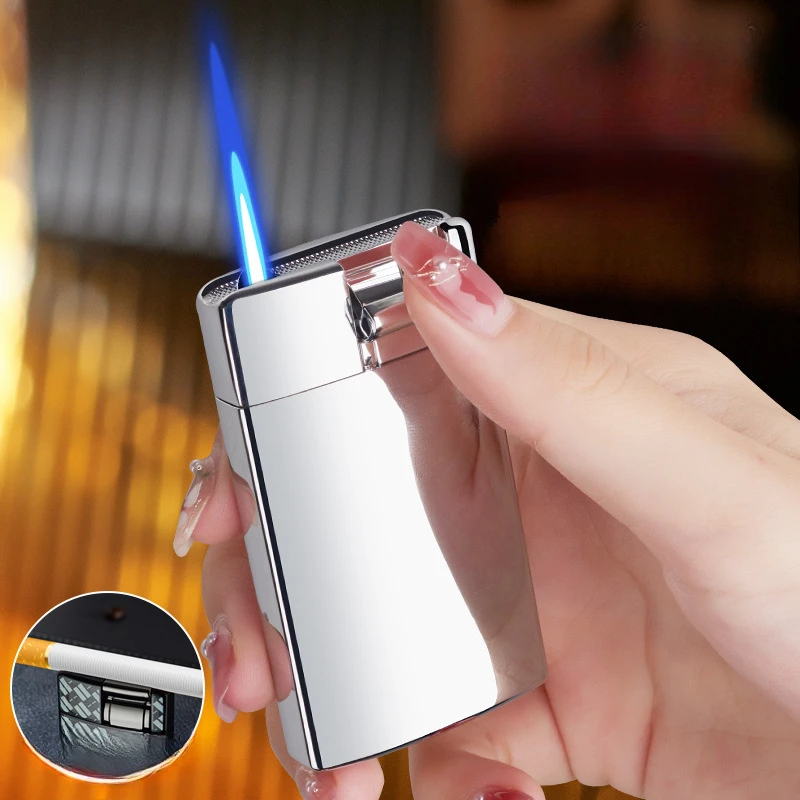 Newly Direct Blue Flame Lighter with Cigar Holder Creative Leverage Button Metal Windproof Electronic Lighter Men's Gift 2026