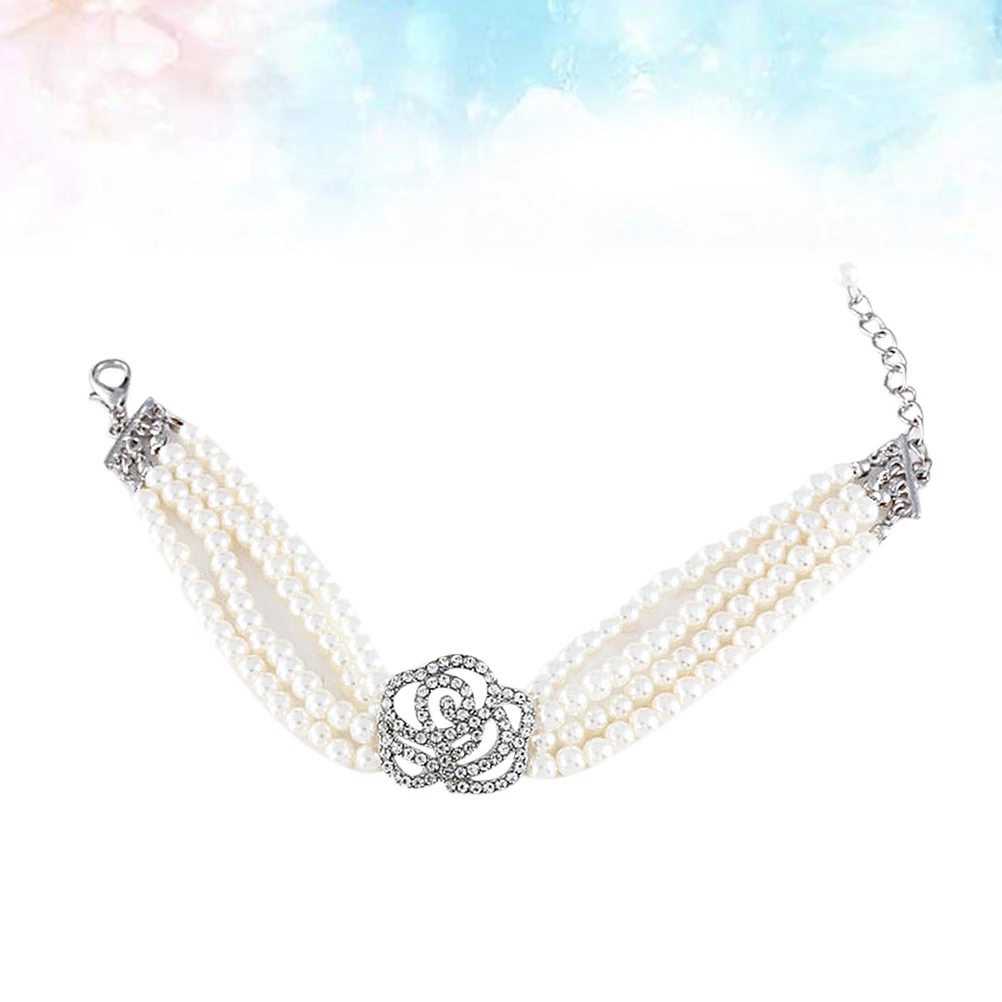 

4 Rows Pet Pearl Necklace Dog Collar Jewelry Imitation Rose Durable Alloy Adjustable Chain Strong Clasp White Rose L Size