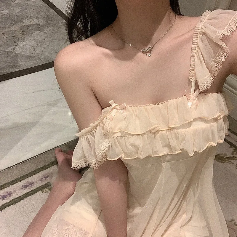 Women Nightgowns Satin Silk Spaghetti Strap Sleeveless Sleepwear Lace Nightwear Dress Sexy Lingerie Gown Homedress Nightdress