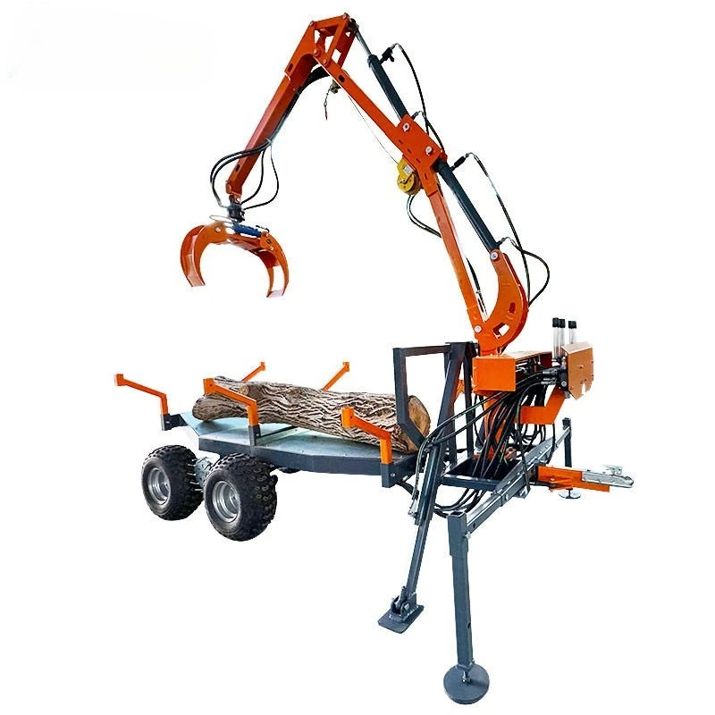 Mini Hydraulic Log Trailer with Crane | Portable Timber Wood Loader Trailer | Remote Grapple for Small Forest Logging Operations