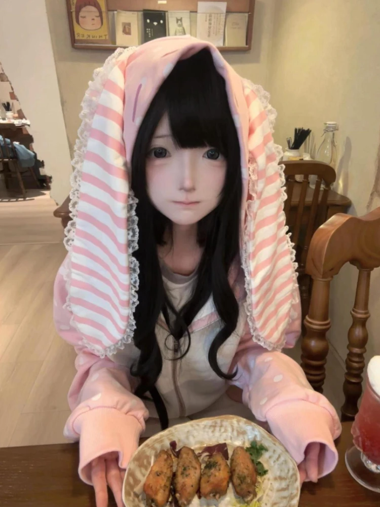 اليابانية Kawaii آذان أرنب هوديس فضفاض البولكا نقطة المرقعة المرأة الجرونج هودي Y2k الجمالية الجنية الفراولة البلوز #4