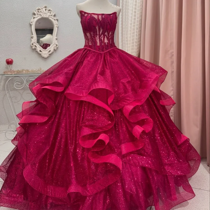 

Shiny Rose Pink Quinceanera Dresses Off the Shoulder Glitter Decal Lace Layering Long tail Vestido e 15 Quinceanera Customize